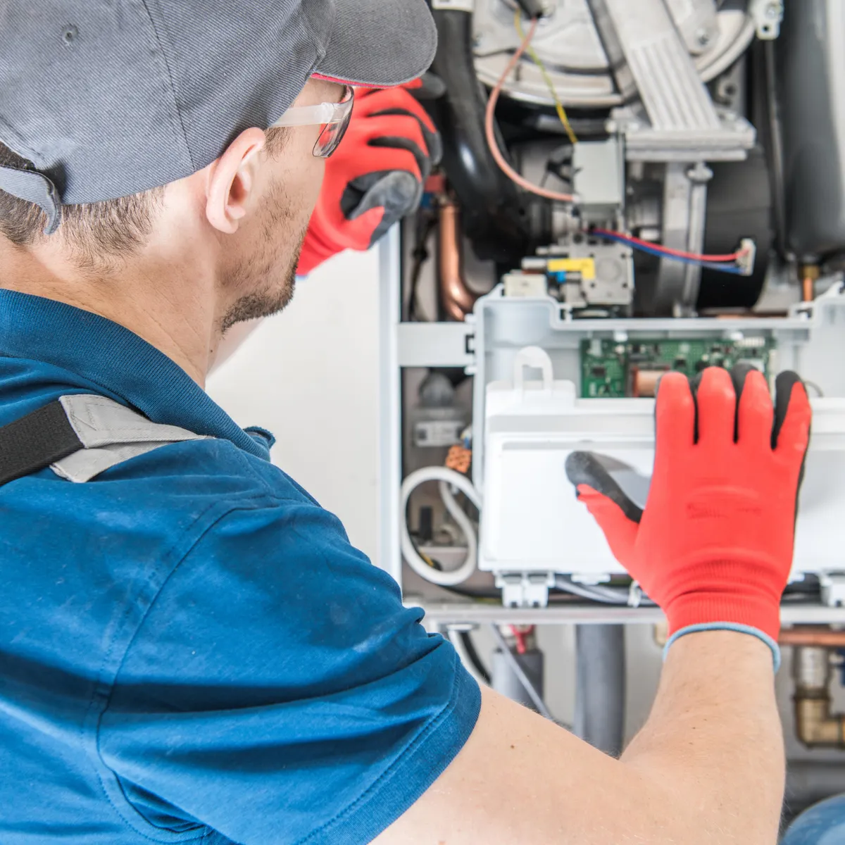 Technician in red gloves servicing a boiler's controls