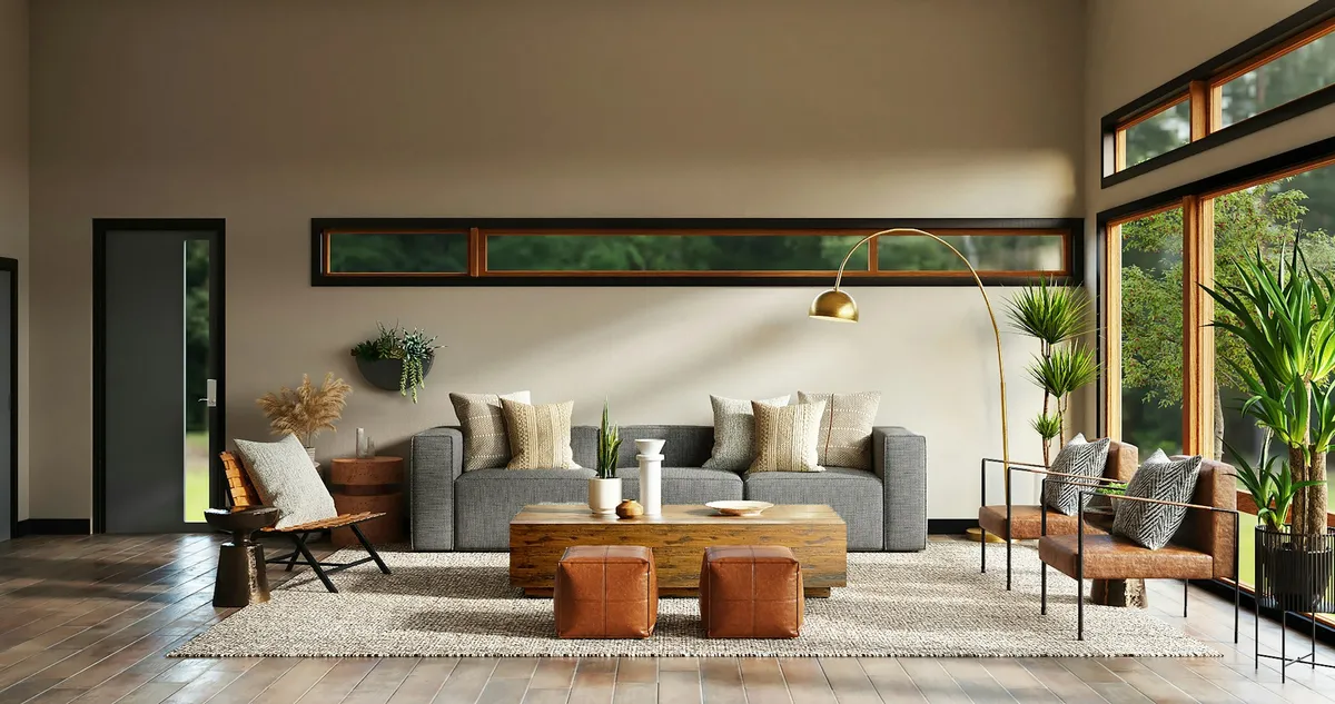 Bright living room with a grey sofa and large windows